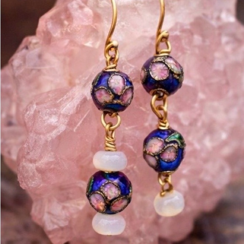 10K Gold Tested Cloisonné Moonstone Artisan Dangle Earrings